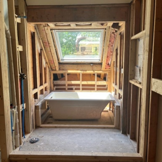 Creating another Second Floor Bath (there had been only one large bath originally) with Skylight.